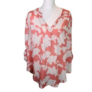 Torrid Harper Coral White Floral Georgette Roll Tab Sleeve Blouse Size 1 (1X)